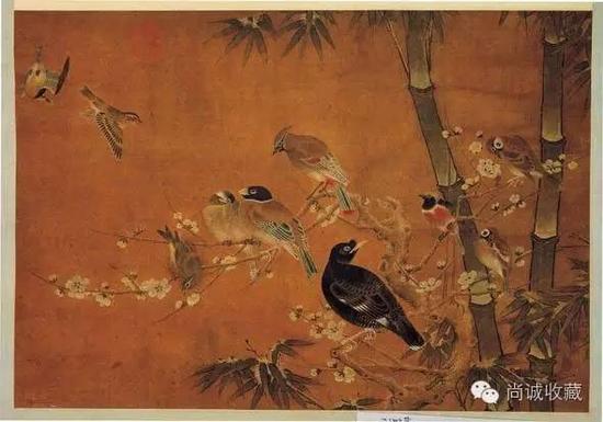 传黄筌《竹梅寒雀图》，即为边景昭一派的作品
